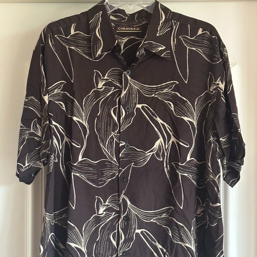 Cubavera Shirt Men's Large Brown/Tan Print Viscose Casual Cigar Beach Sun